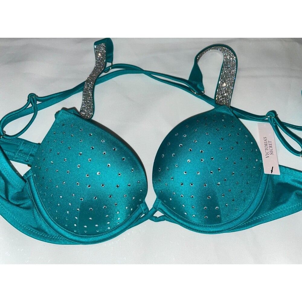 Victoria Secret Shine Strap Swim Bombshell ADD 2-cups Push-up Bra Top Capri Sea
